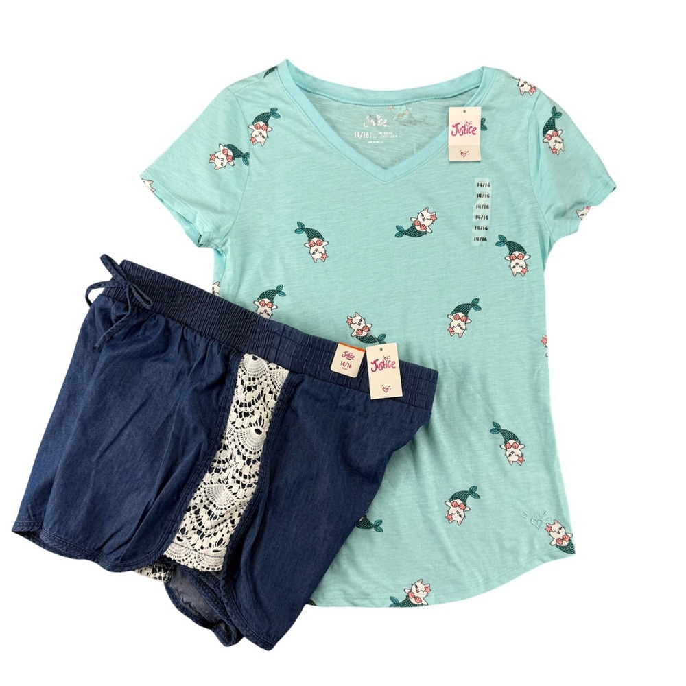 Justice Girls 14/16 Plus Mermaid Cat Tee and Crochet Lace Denim Shorts Set NWT